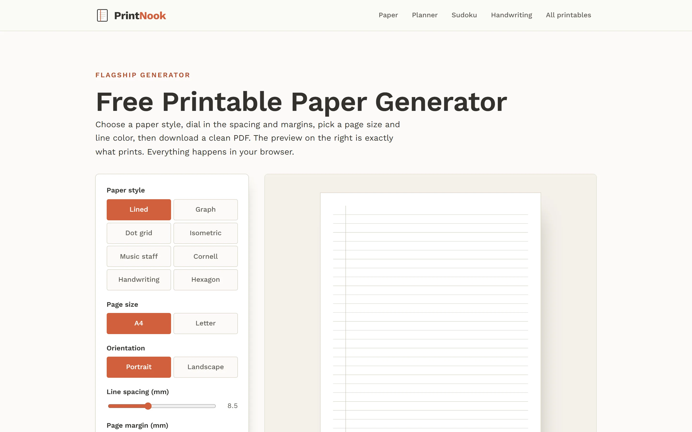 De papiergenerator van PrintNook met live preview