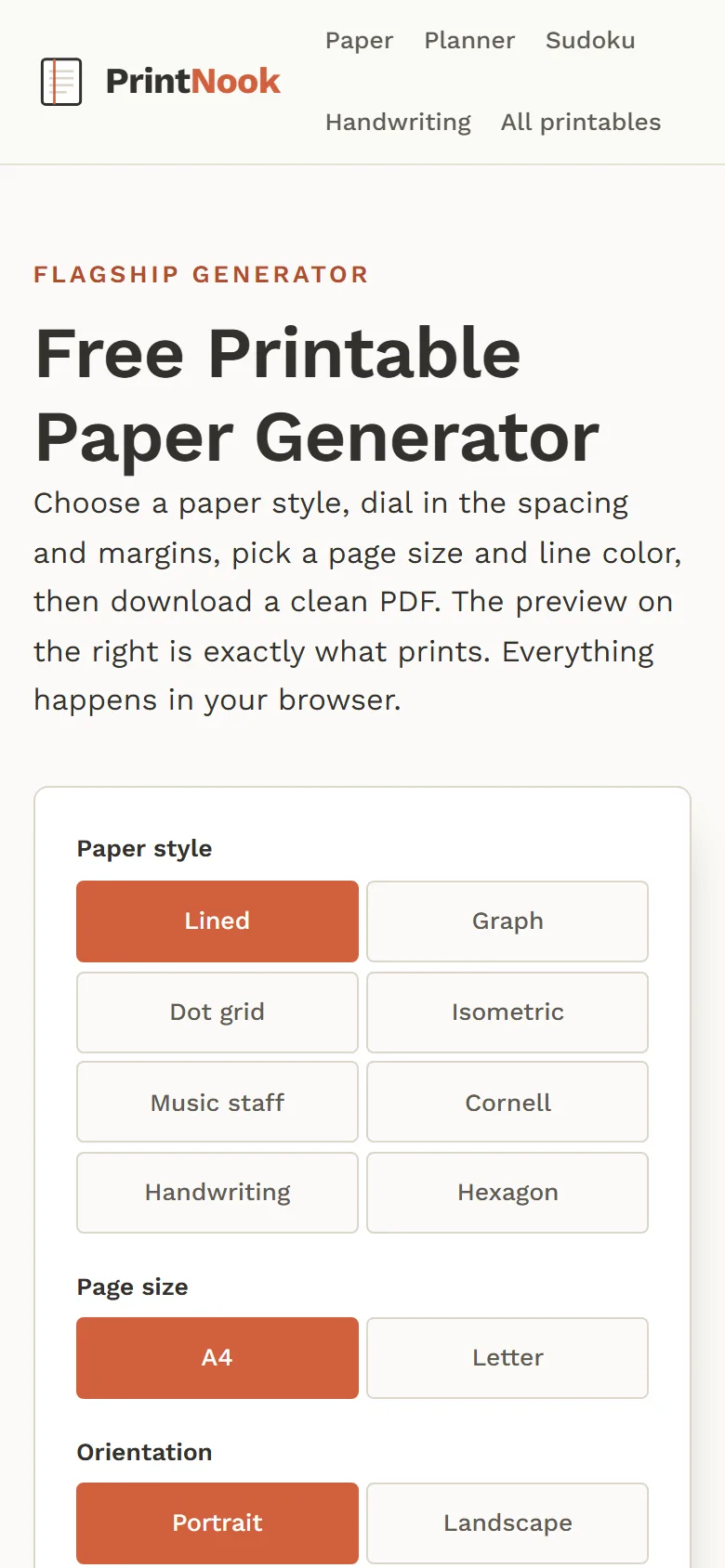 De papiergenerator van PrintNook op mobiel