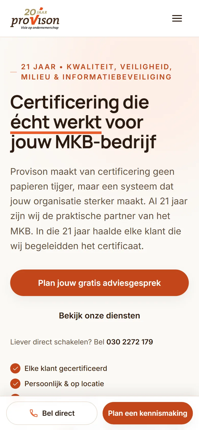 Homepage van Provison op mobiel