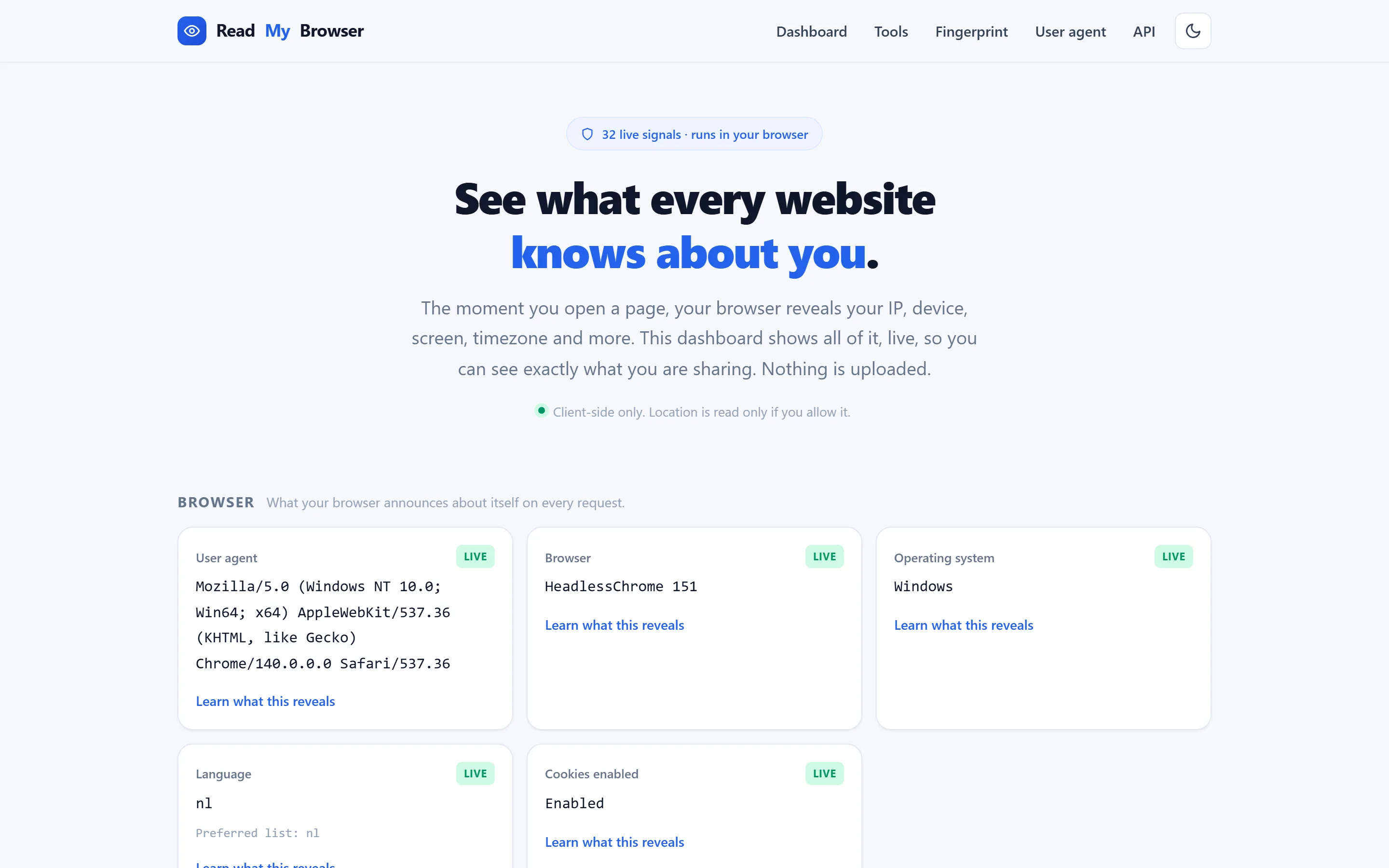 Dashboard van ReadMyBrowser met live browsersignalen op desktop