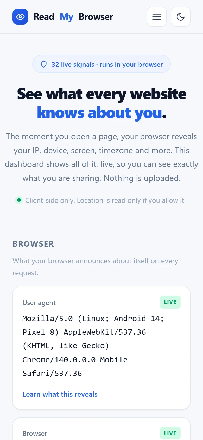 Dashboard van ReadMyBrowser op mobiel