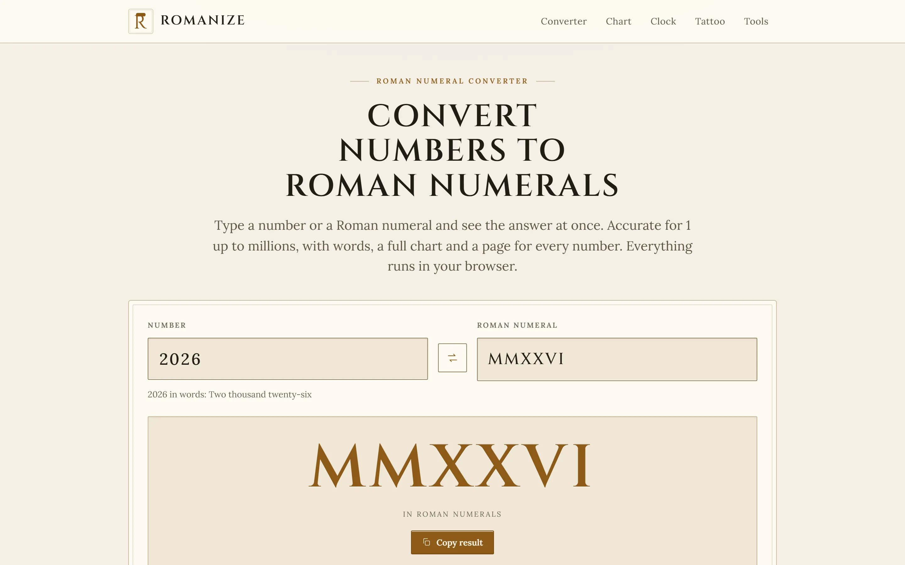 Homepage van Romanize met de Romeinse-cijferconverter op desktop