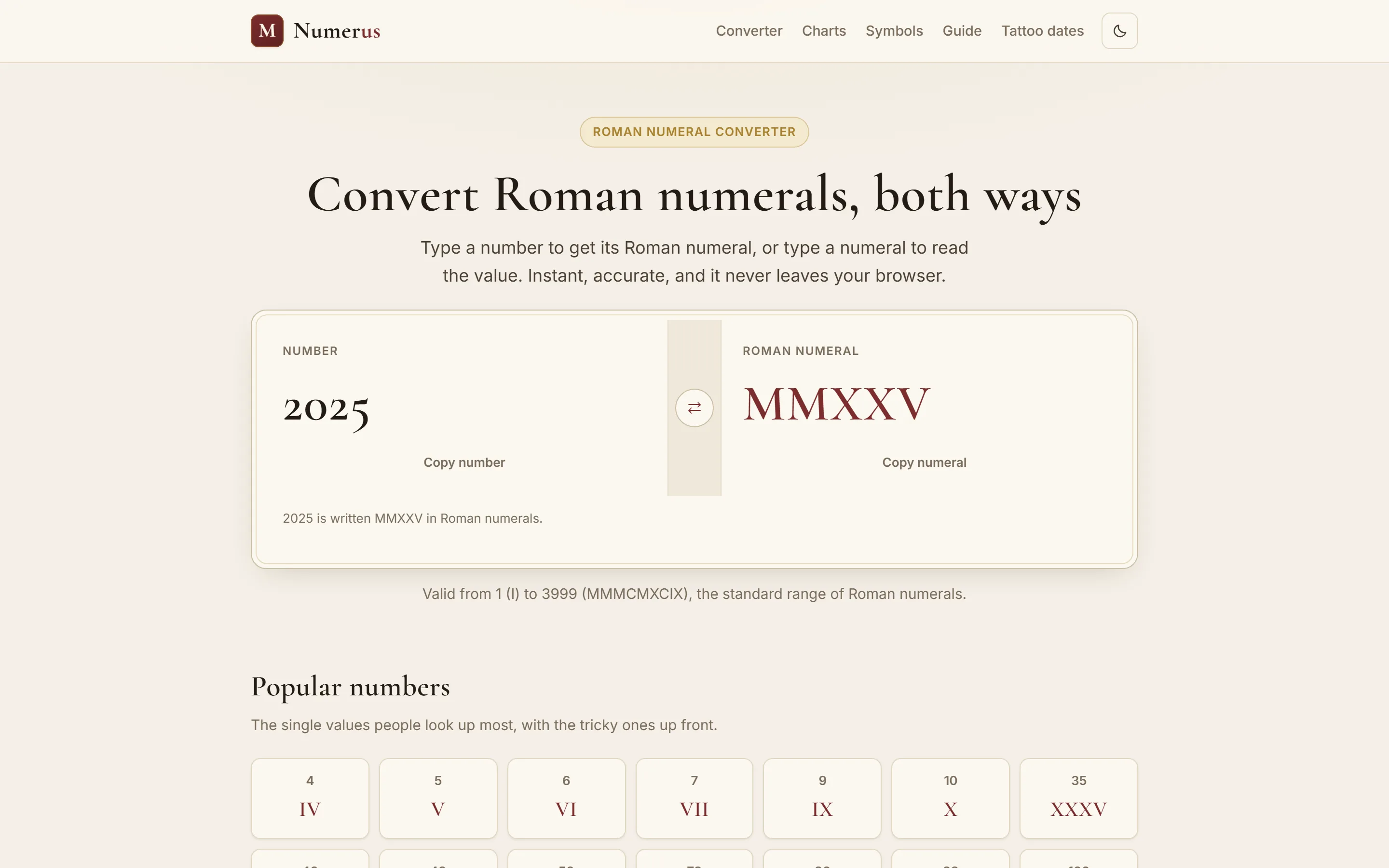 Homepage van Numerus met de tweewegs converter op desktop