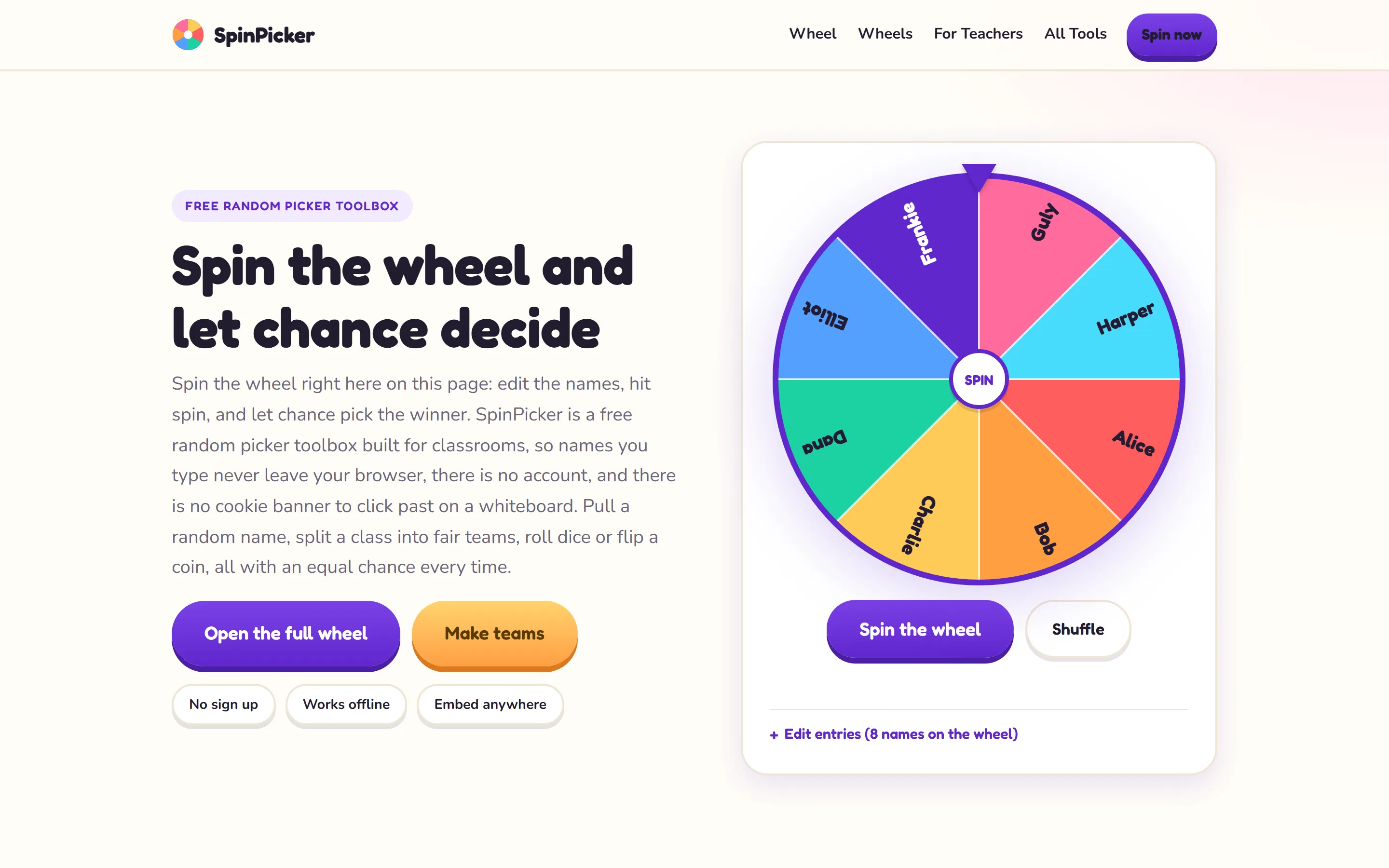 Homepage van SpinPicker met het draaiende rad op desktop