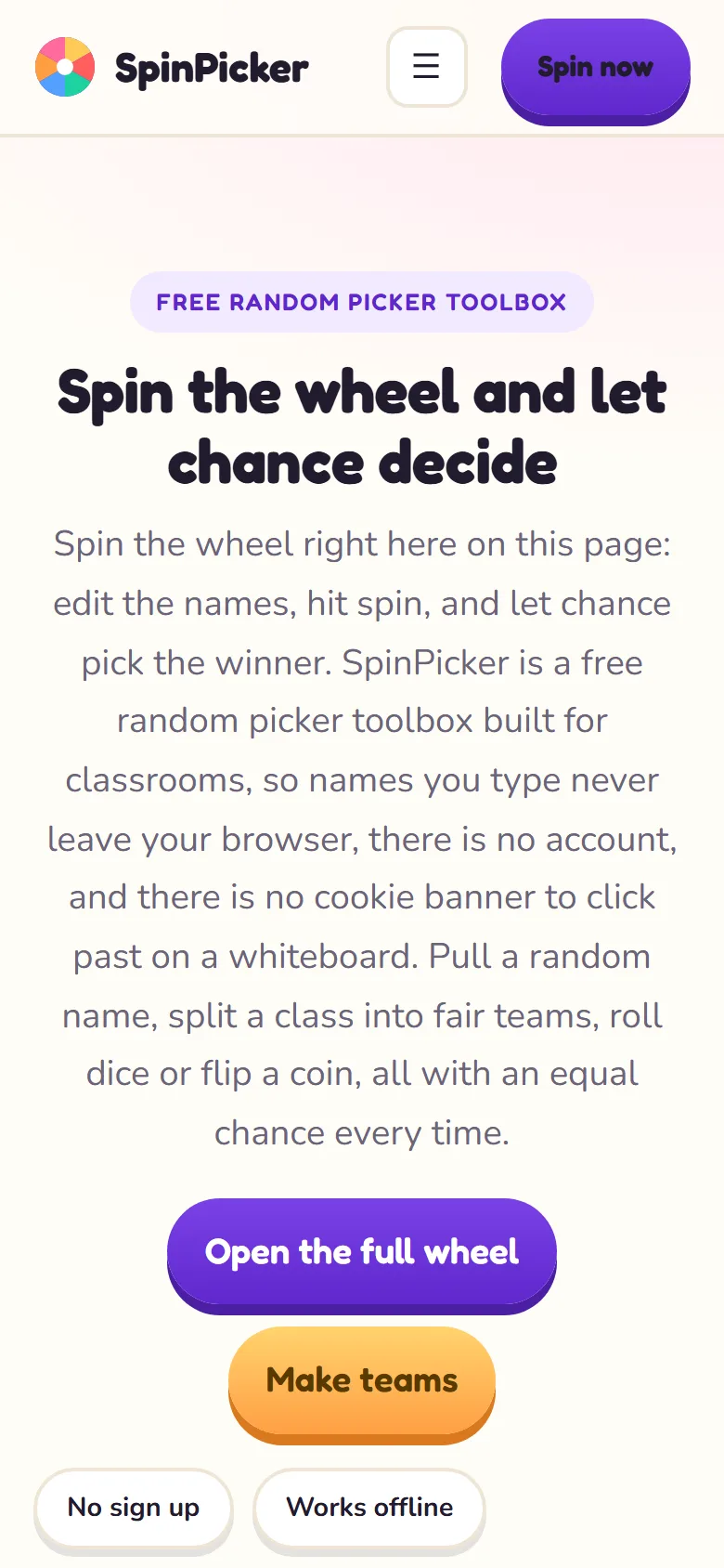 Homepage van SpinPicker op mobiel