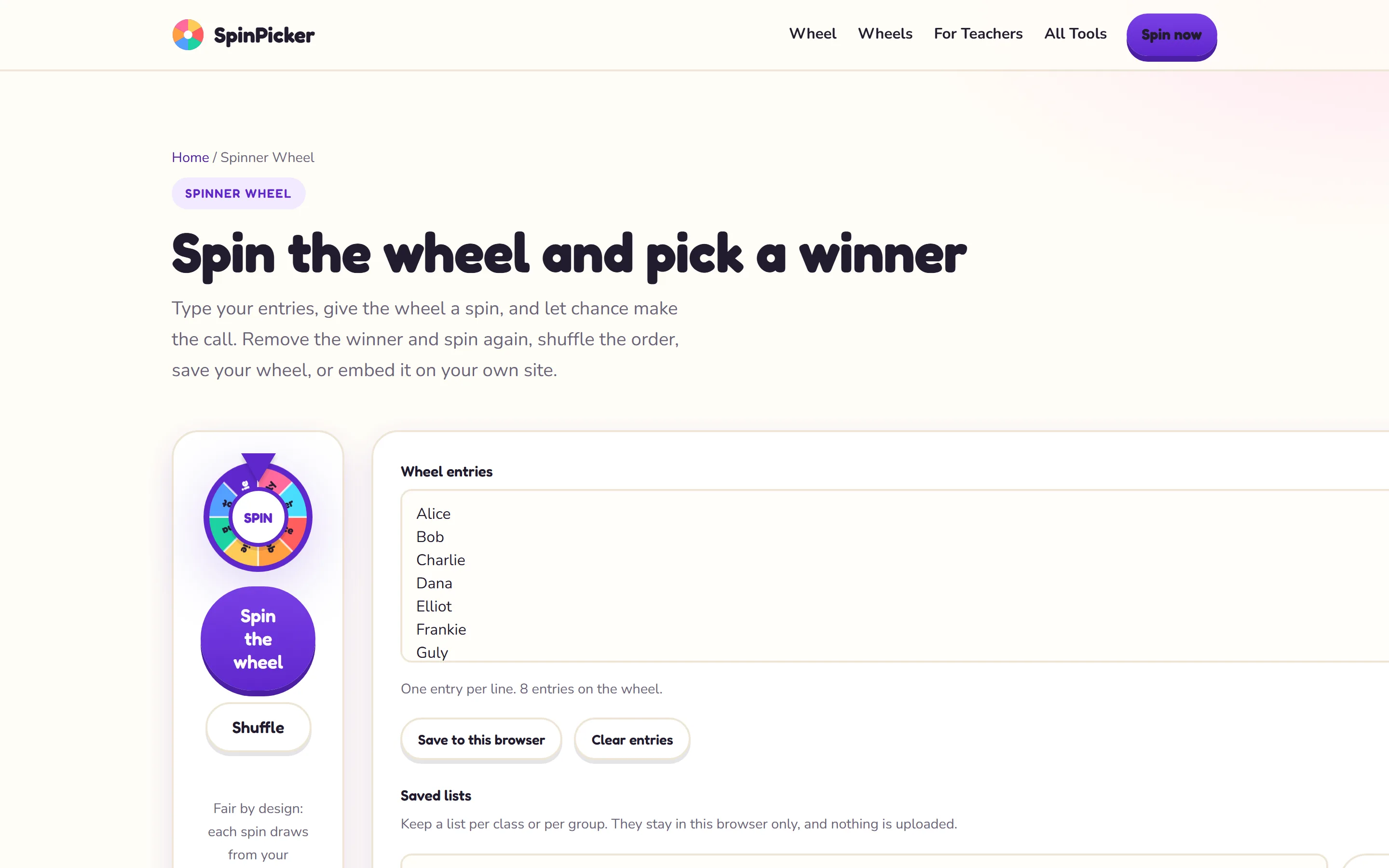 De spin the wheel-pagina van SpinPicker op desktop