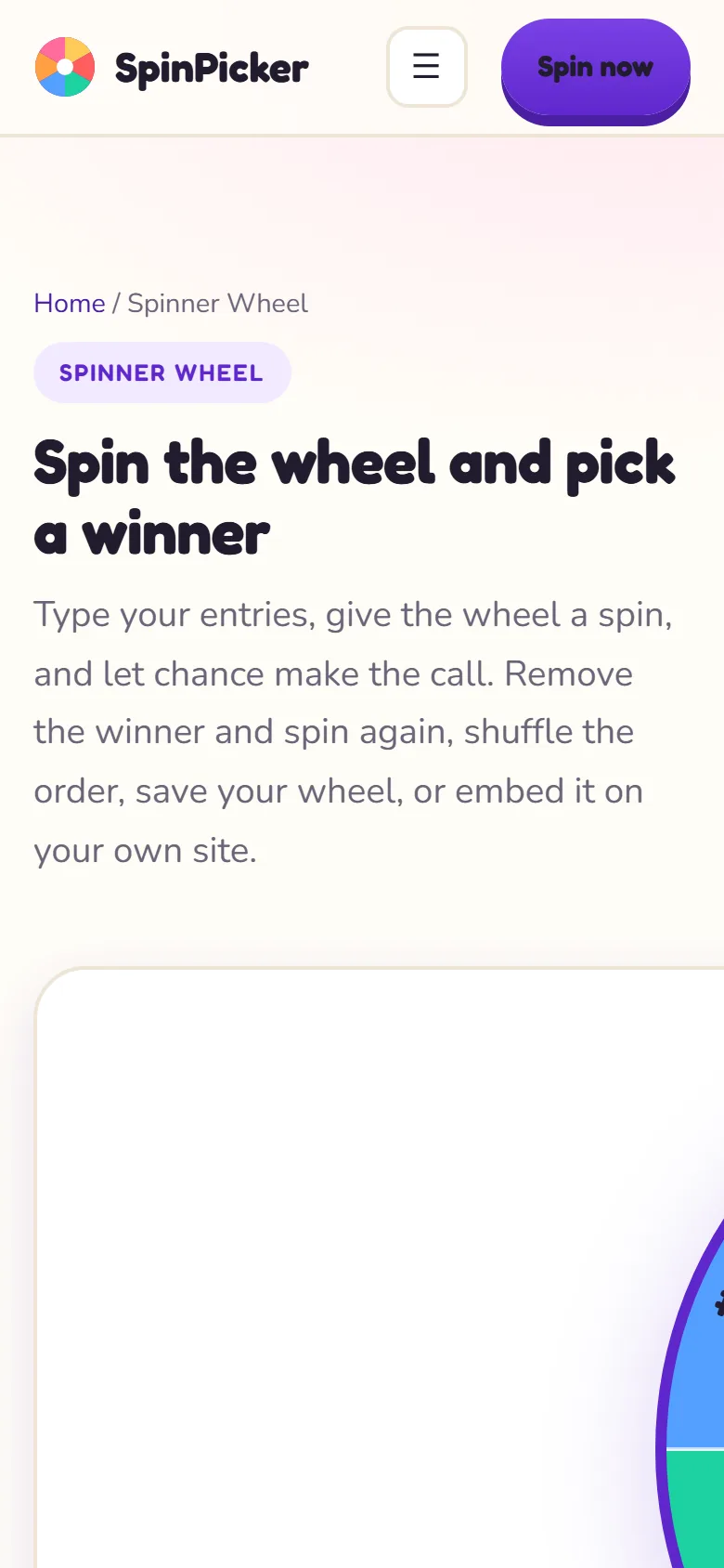 De spin the wheel-pagina van SpinPicker op mobiel