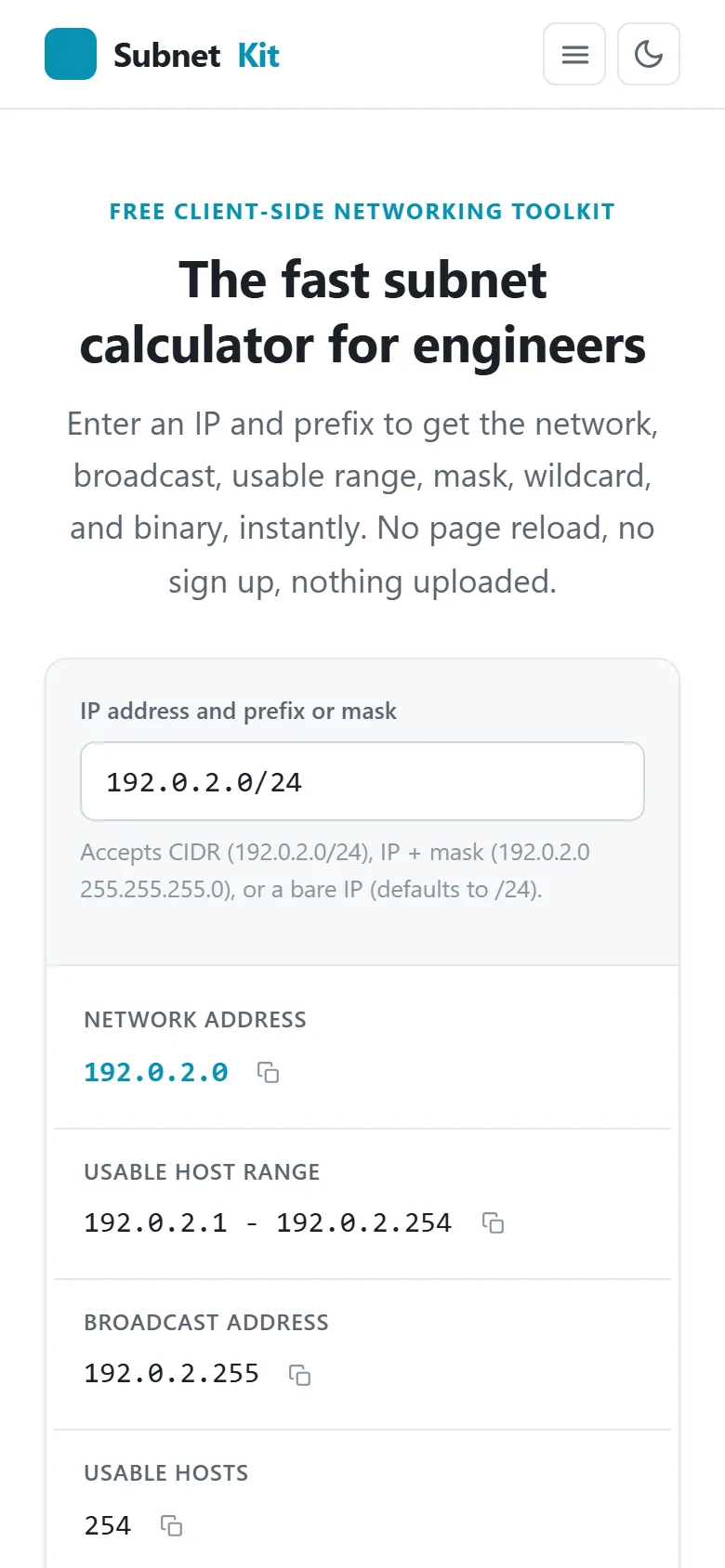 Subnetcalculator van SubnetKit op mobiel