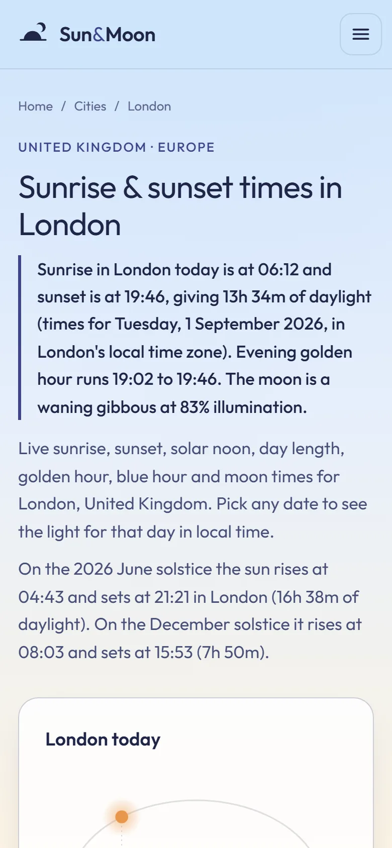 Zontijden voor Londen op mobiel