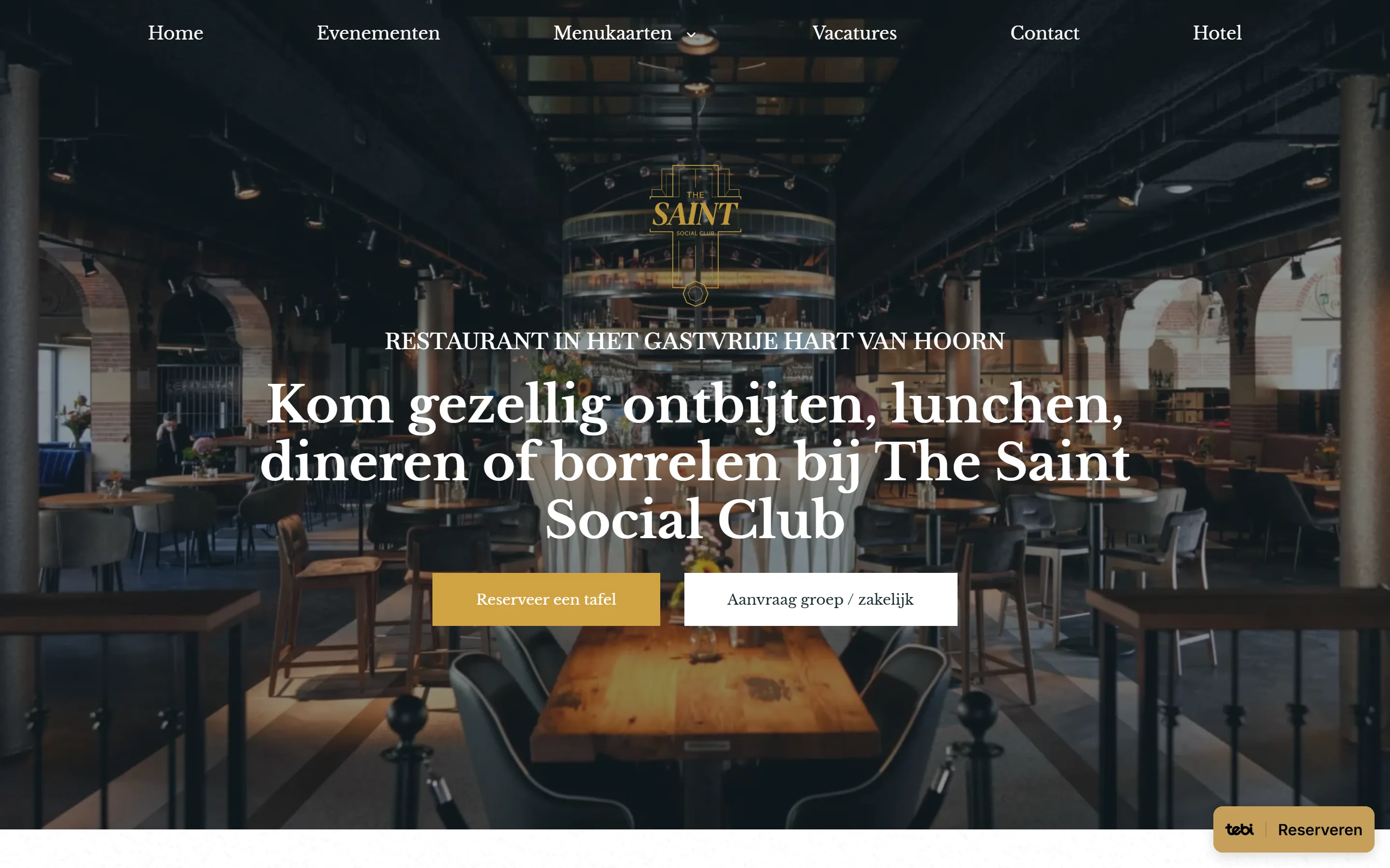 Homepage van The Saint Social Club op desktop