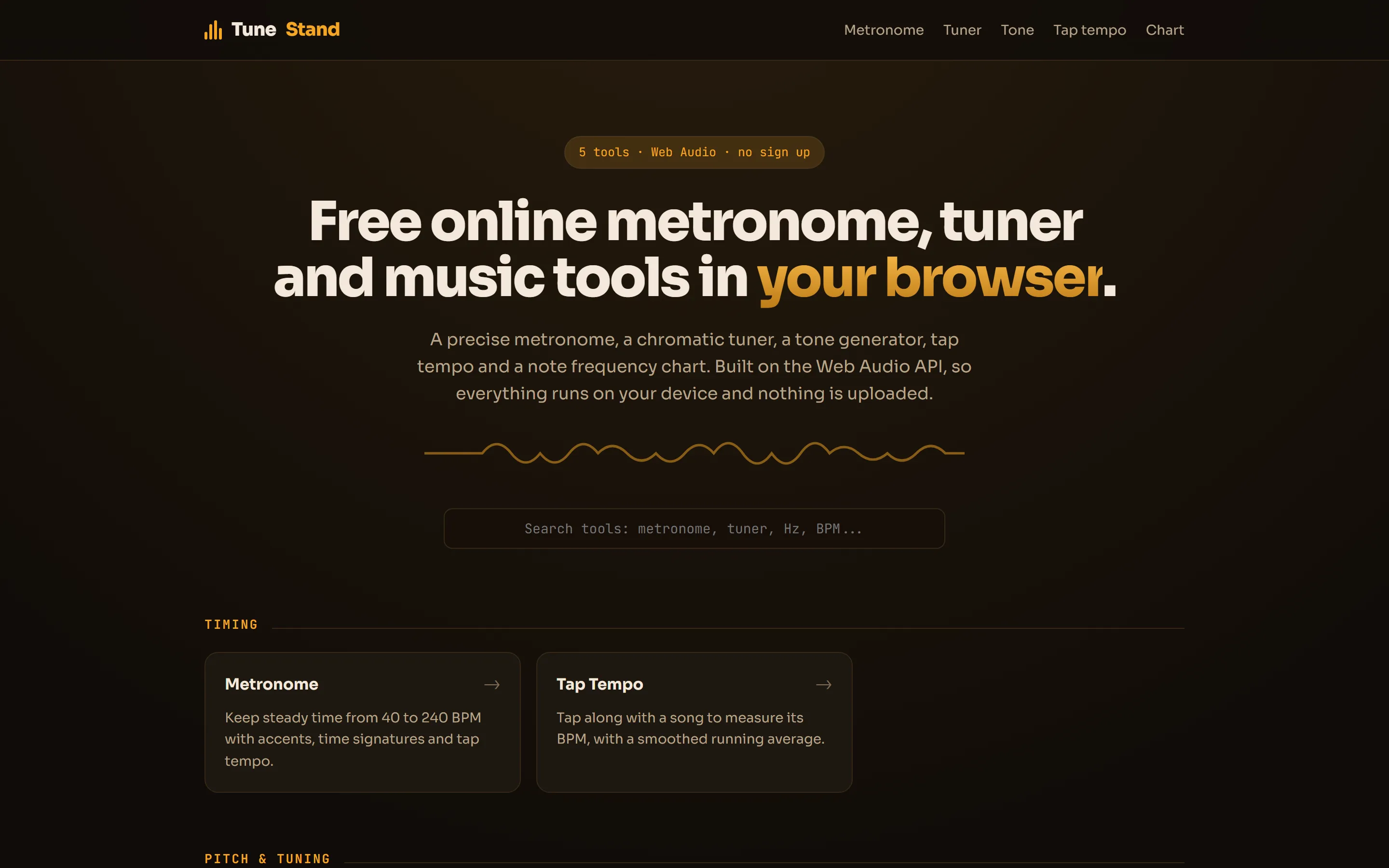Homepage van TuneStand op desktop