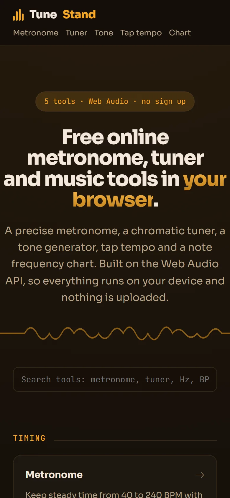 Homepage van TuneStand op mobiel
