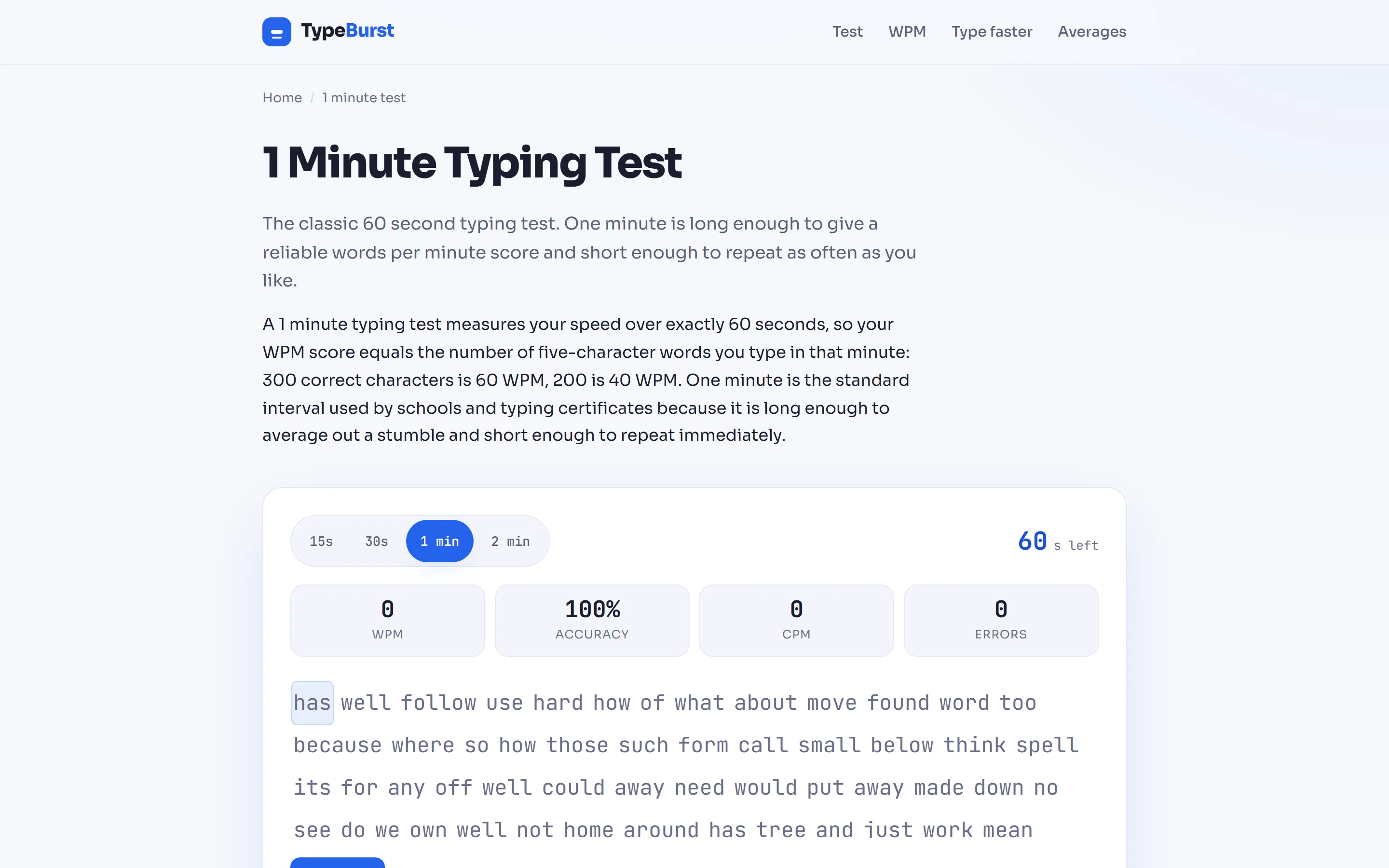 De typetest van één minuut op TypeBurst, desktop