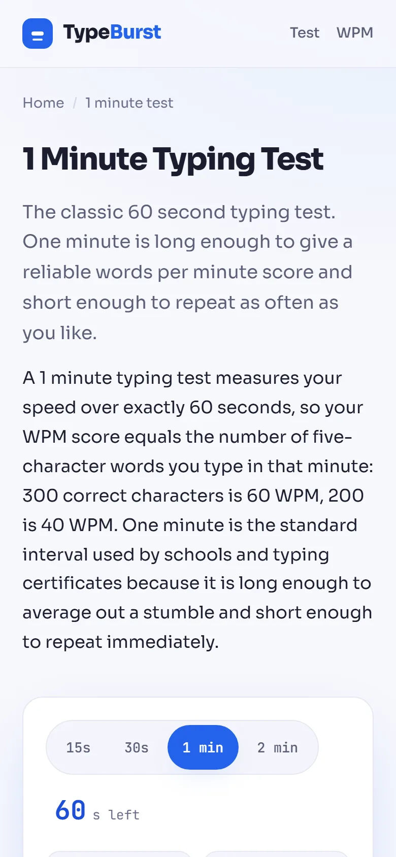 De typetest van één minuut op TypeBurst, mobiel