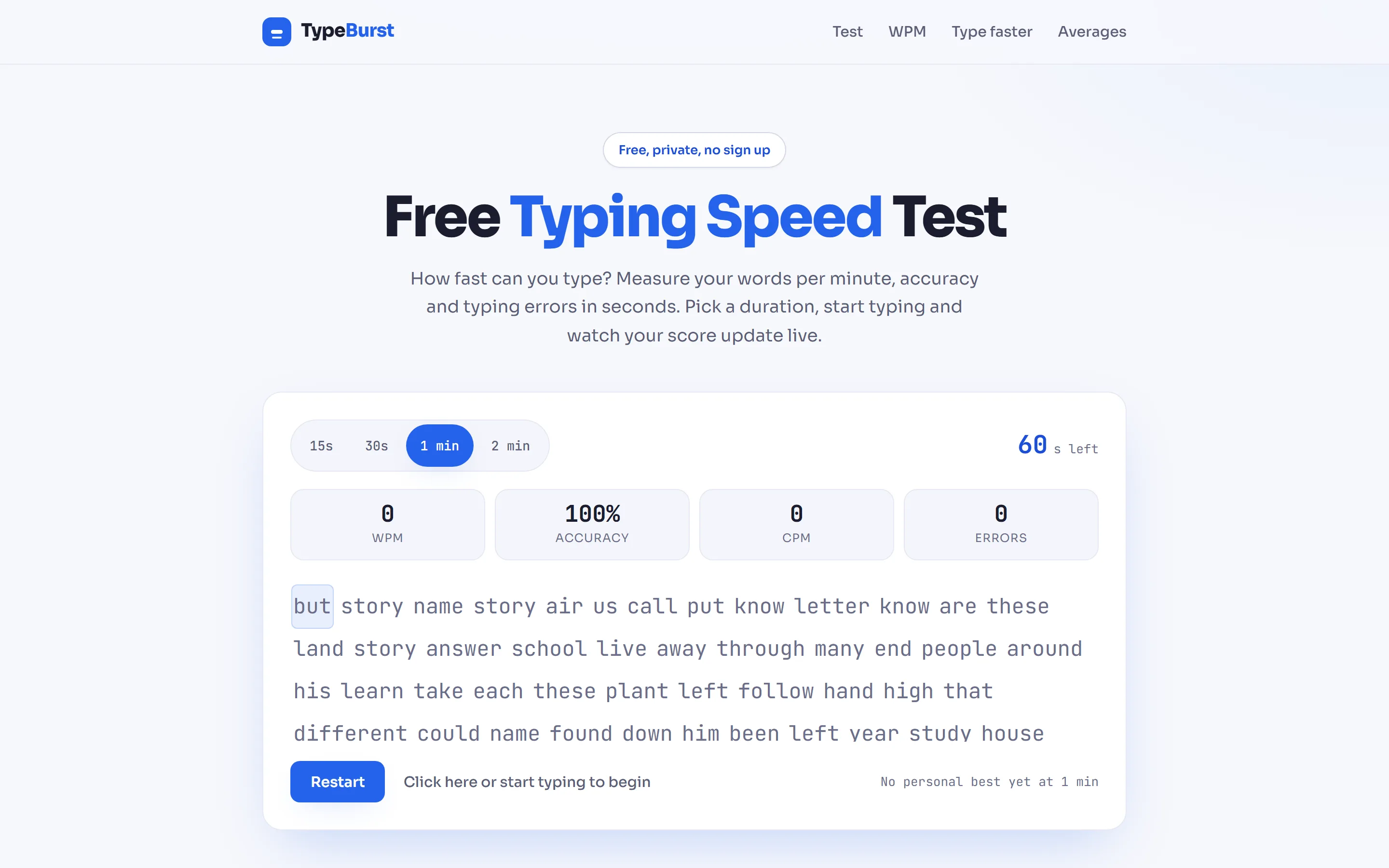 Homepage van TypeBurst op desktop, met de typetest direct onder de kop