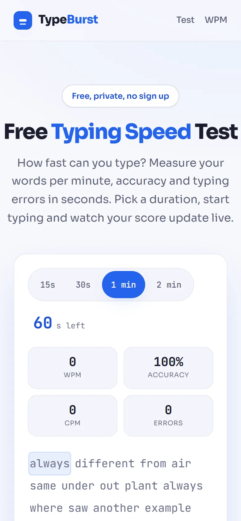 Homepage van TypeBurst op mobiel