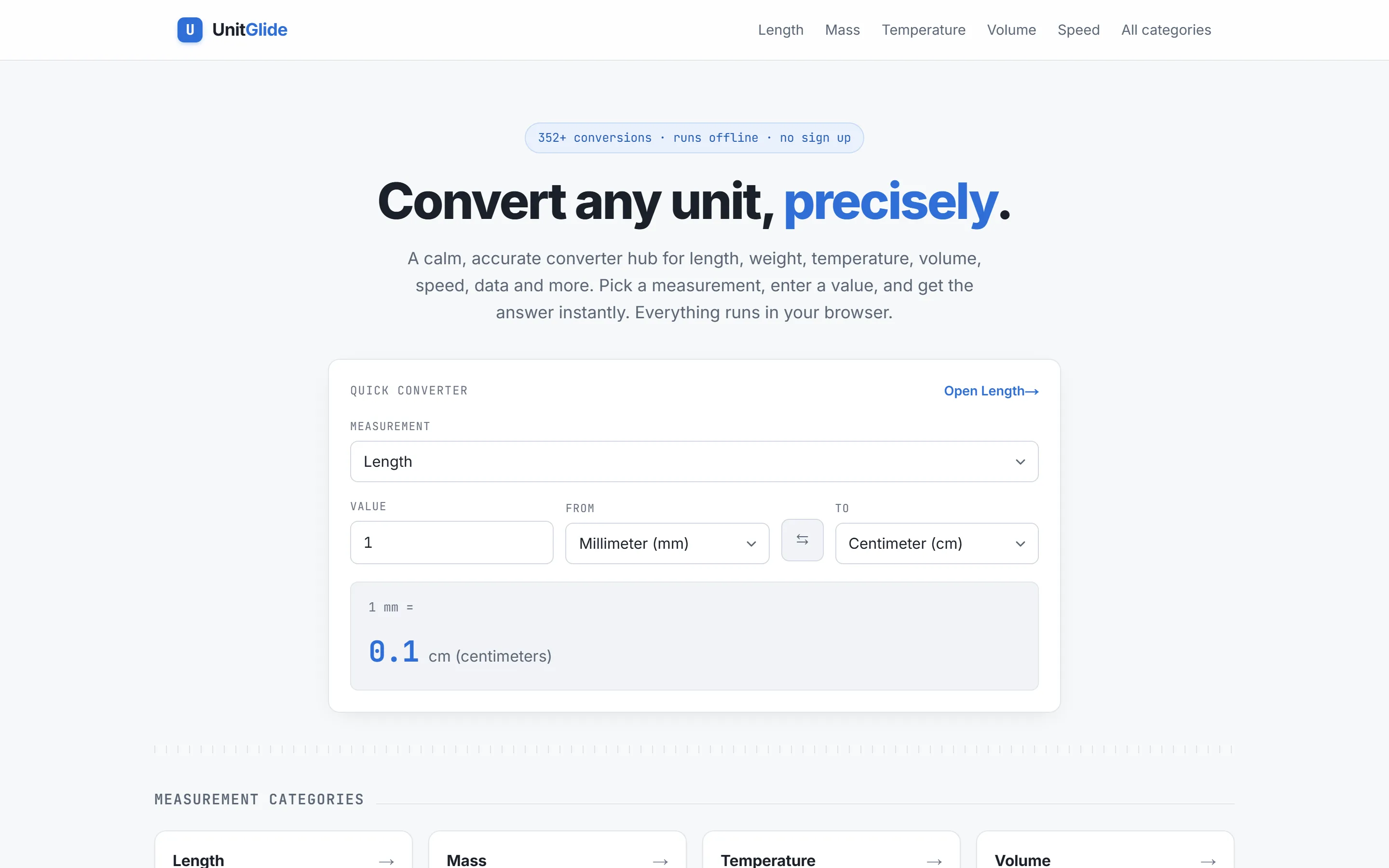 Homepage van UnitGlide met de snelle converter op desktop