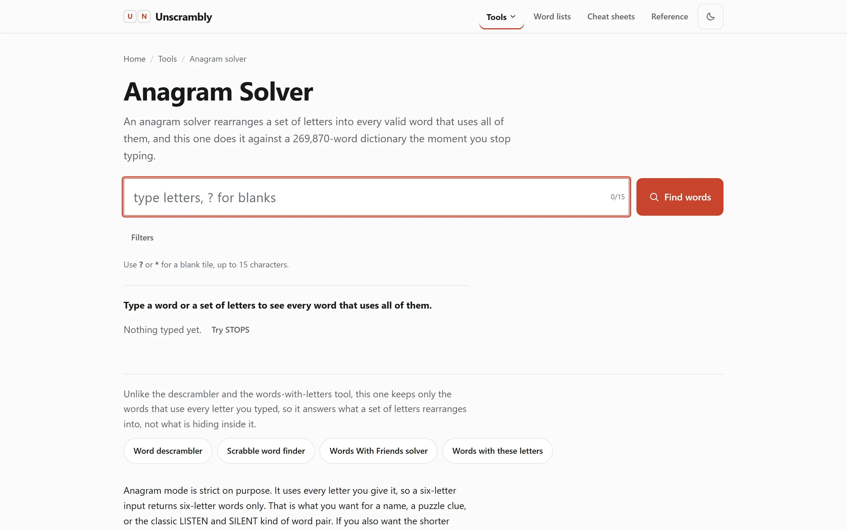 De anagram-solver van Unscrambly op desktop