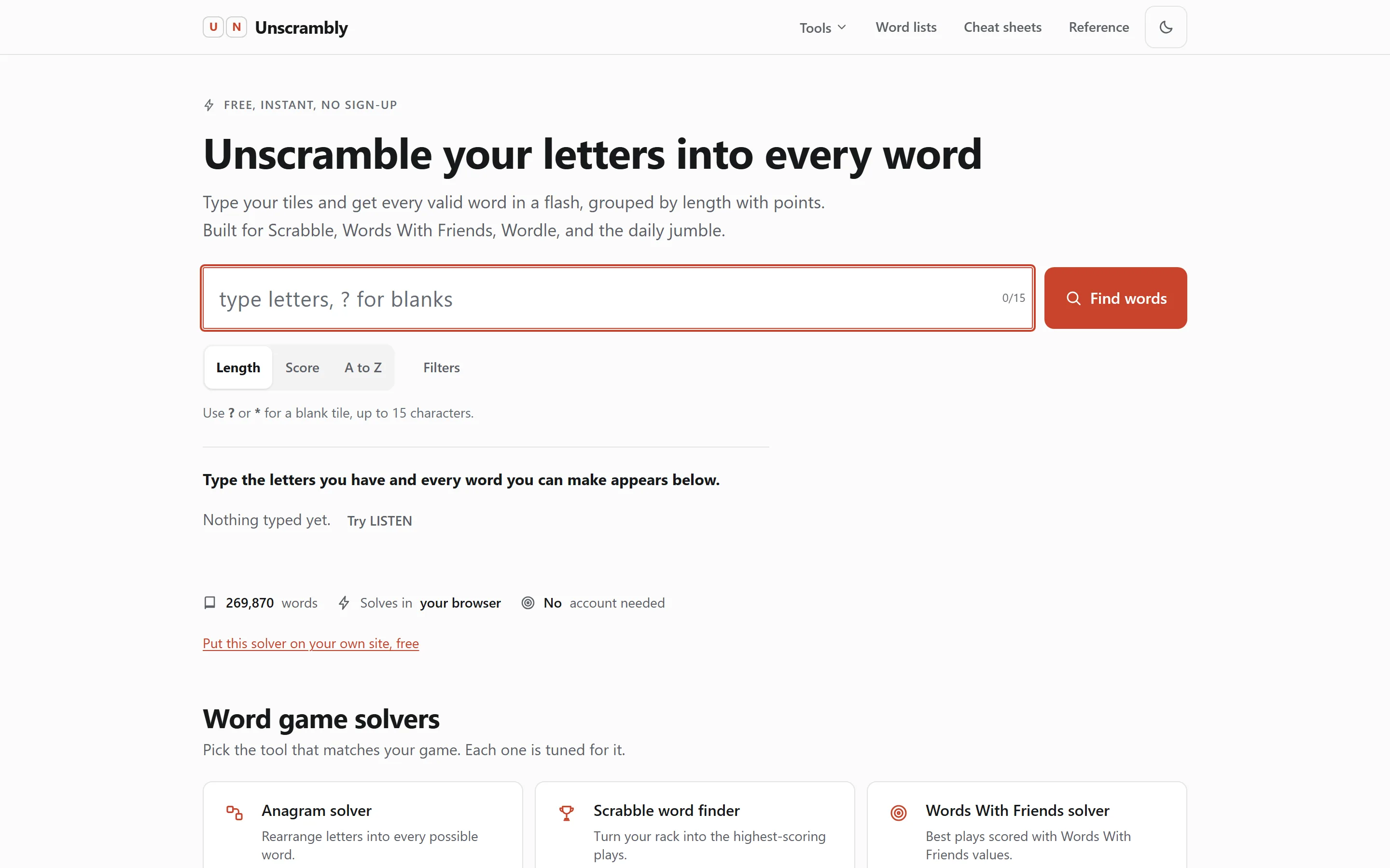 Homepage van Unscrambly met de woordontwarrer op desktop