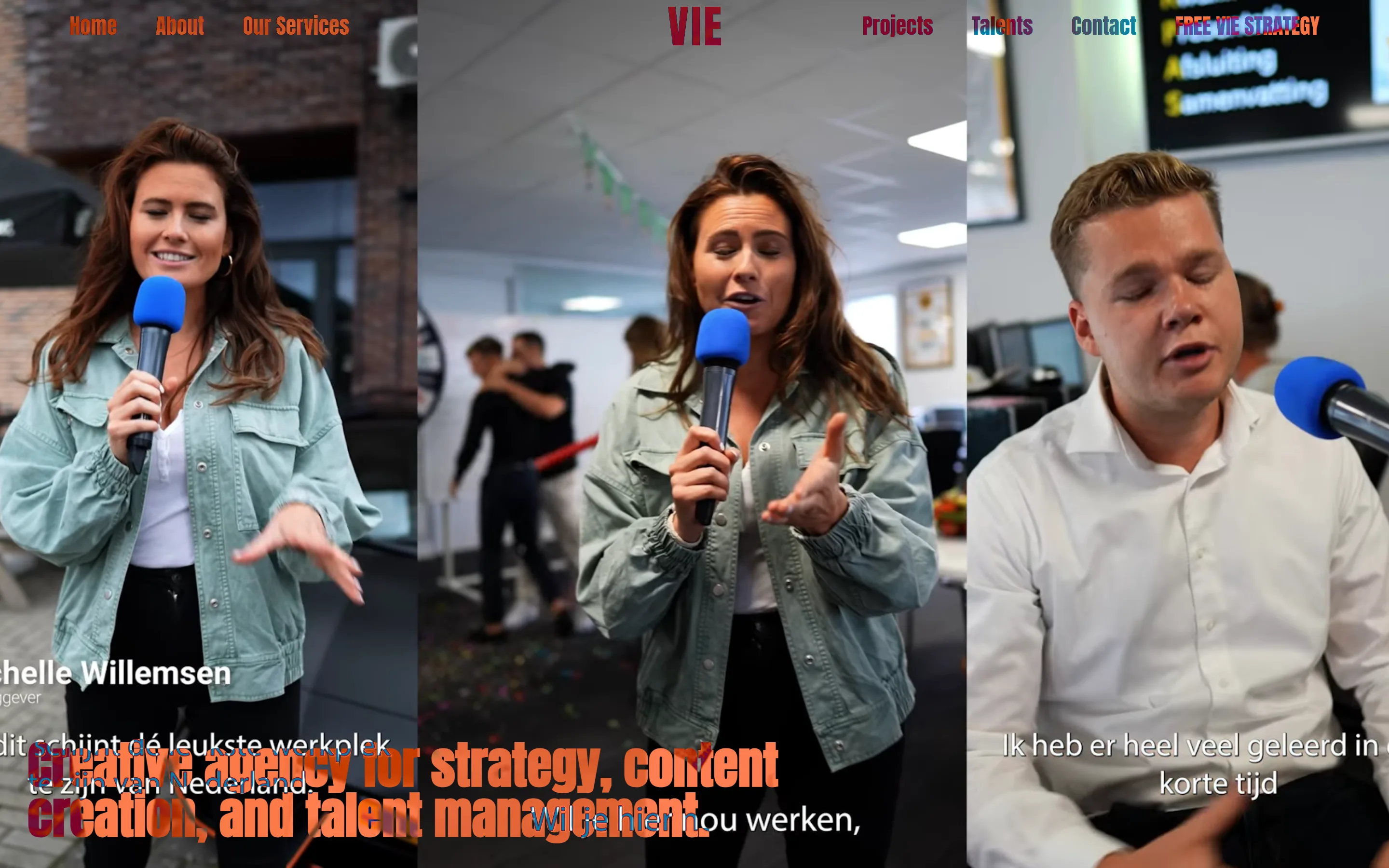 Homepage van VIE Agency op desktop, met fullscreen video's naast elkaar