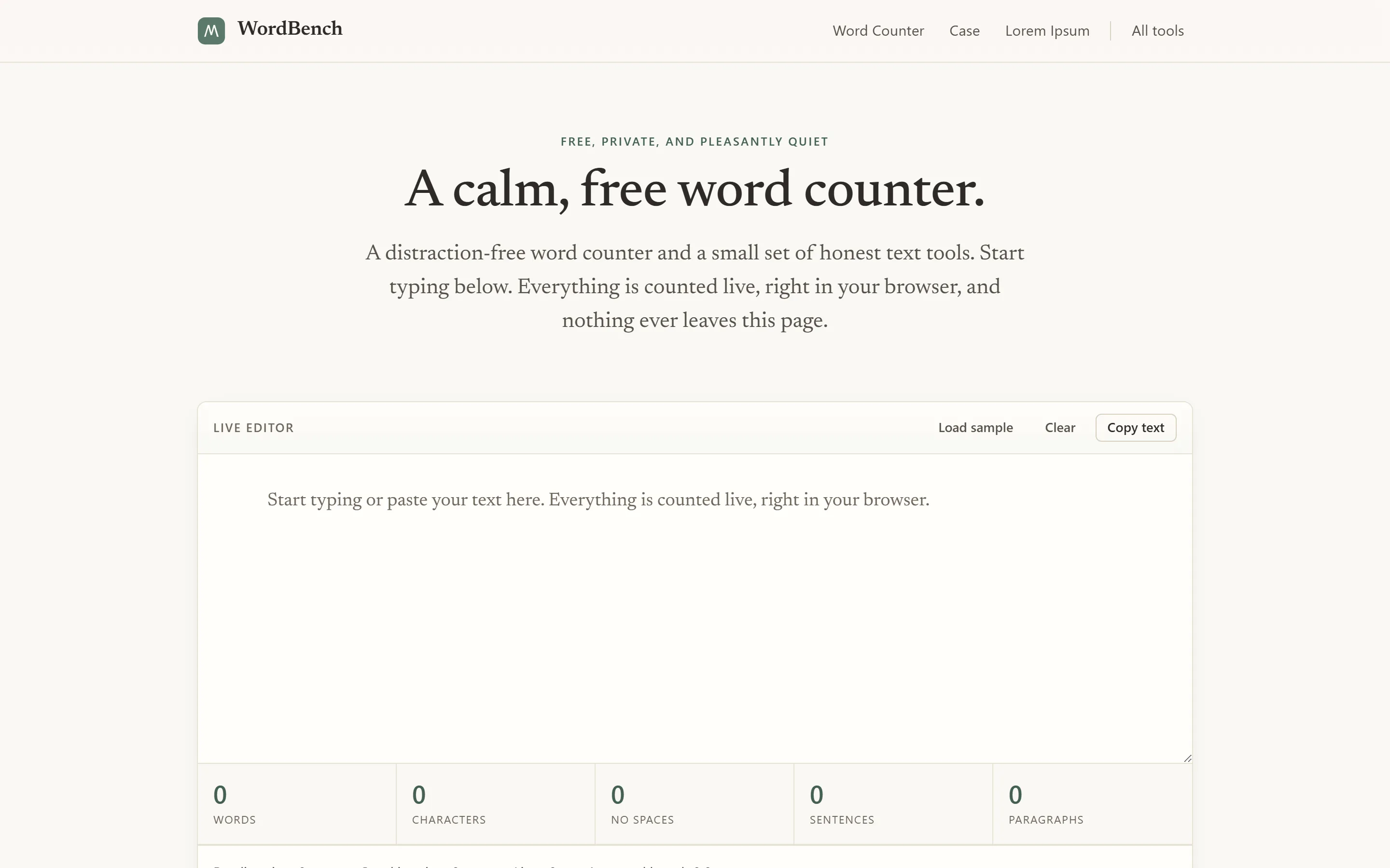 Homepage van WordBench op desktop, met de live word counter direct bovenaan