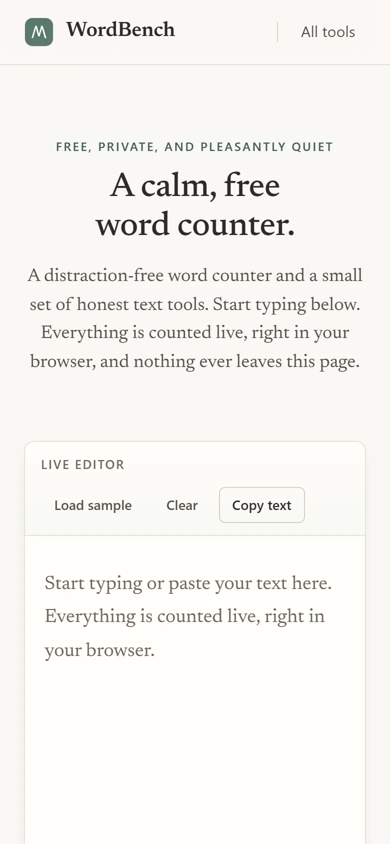Homepage van WordBench op mobiel