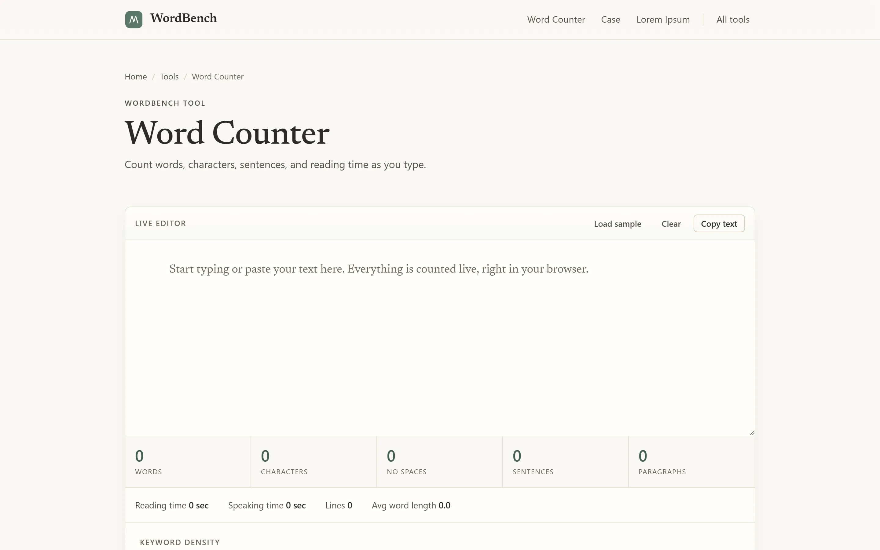 De word counter van WordBench op desktop