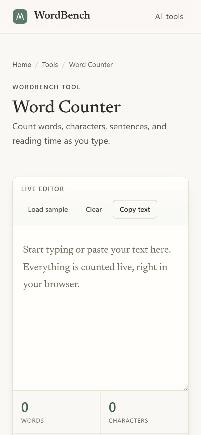 De word counter van WordBench op mobiel