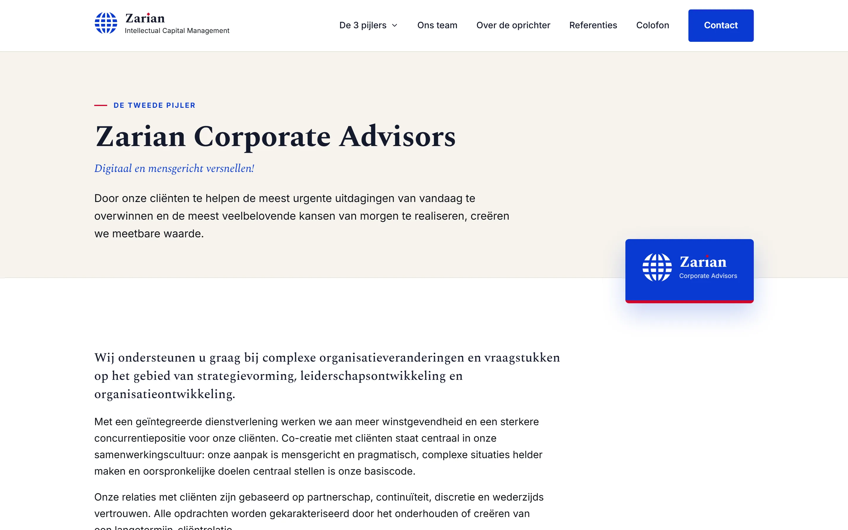 Pagina van Zarian Corporate Advisors op desktop