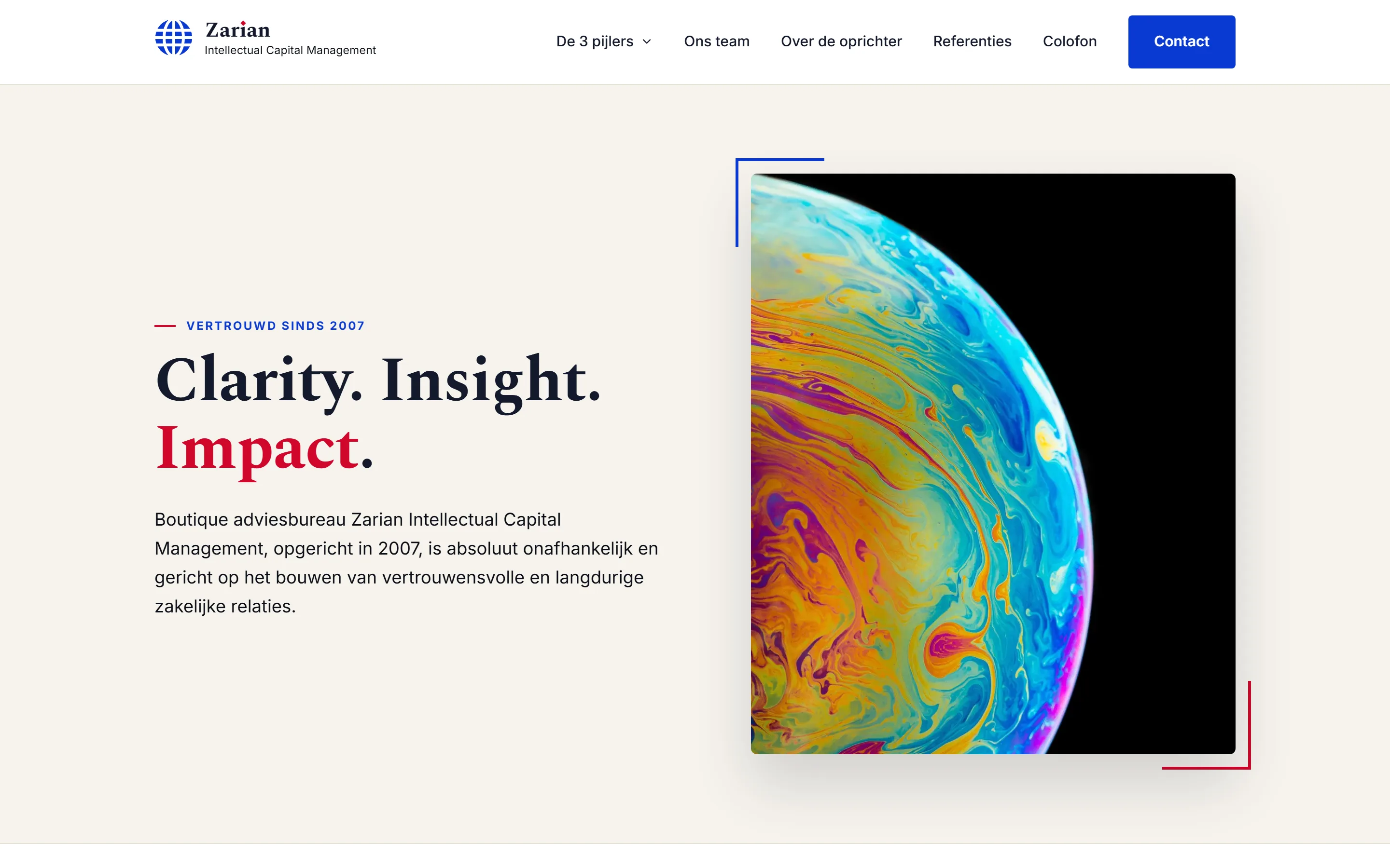 Homepage van Zarian ICM op desktop