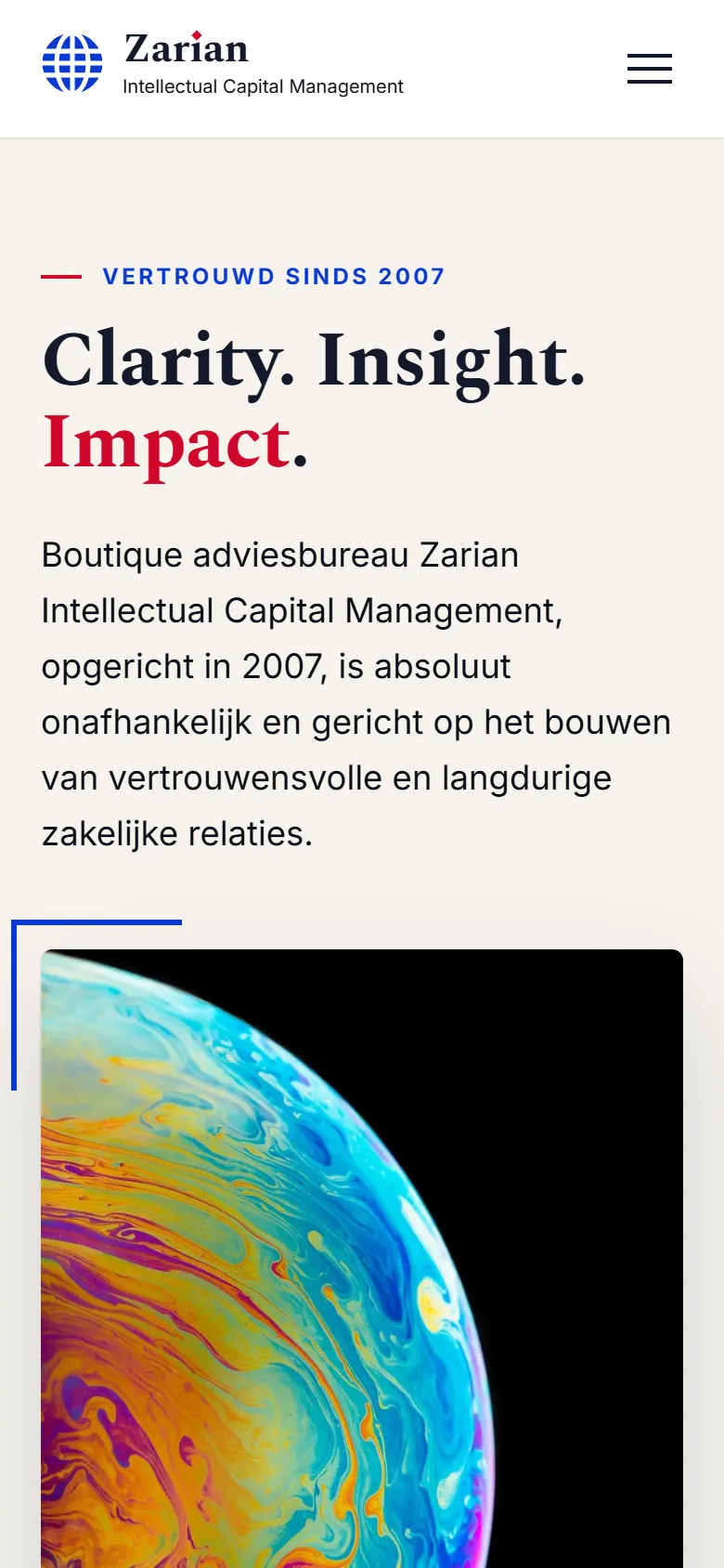 Homepage van Zarian ICM op mobiel